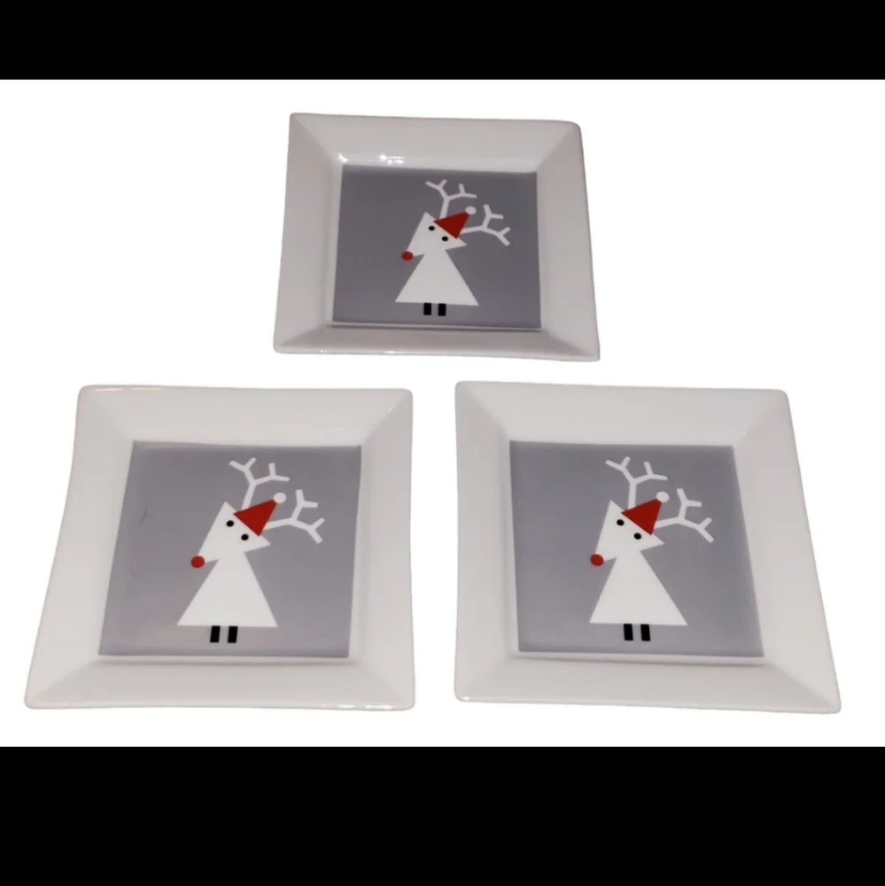 Crate & Barrel Christmas Reindeer Square Appetizer Plates 6